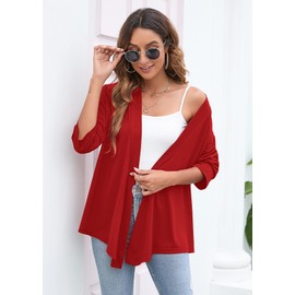 Heymoments Women's Cardigan Lightweight Draped Open Front 3/4 Sleeve Casual Flowy Cardigan Crimson XX-Large