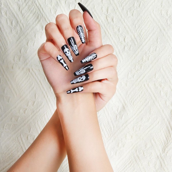 Melines 24pcs Halloween White and Black Long Square Press On