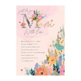 Words and Wishes Birthday Card for Mum, Pink Floral Design with Gold Foil, Sentimental Message
