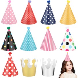 ASTER Pack of 11 Party Hats Children's Birthday Party Hats for Birthday with Pompoms, Birthday Crown Cone, Party Hat, Birthday Decoration Set for Children and Adults