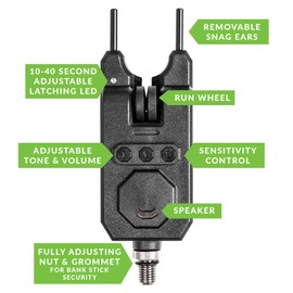 King CARP - Waterproof Multi-function Bite Alarm Carp Bite Alarm with Adjustable Volume, Tone and Snag Ears - For Carp, Tench, Bream and Barbel [36-052]