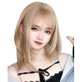 Limakara Wig, Semi-Long, Straight, Blonde Hair, Long, Medium, Full Wig, Lolita Wig, Cosplay, Smooth, Bangs, Women's, Small Face, Natural, Net Included, Gold