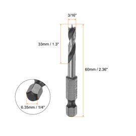 sourcing map 2pcs Brad Point Drill Bits 3/16" Dia 1/4" Hex Shank Stubby Drill Bit High-Speed Steel 1.34" Working Length Spiral Twist Drilling Tool for Woodworking Plywood Plastic