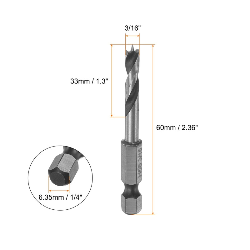 sourcing map 2pcs Brad Point Drill Bits 3/16" Dia 1/4"