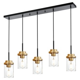 MELUCEE 5-Lights Adjustable Hanging Pendant Light Fixtures 37 Inches in Black, Modern Kitchen Island Lighting Linear Chandelier for Dining Room Over Table with Clear Glass Shade, Gold Socket