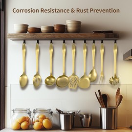 304 Stainless Steel Kitchen Utensil Set - 9pcs Cooking Utensils, Metal Kitchen Utensil Spatula Sets Cookware,High temperature resistance Kitchen Tool Set for Hanging Dishwasher Safe（Gold）