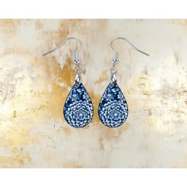 Twisted R Design Earrings, Blue Dahlia Print Wood Dangle Teardrop Print Earrings Jewelry