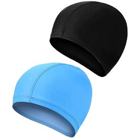 2 Pcs Swimming Caps for Kids Girls Boys and Adult Teenager,Comfortable Light Swimming Caps,Super Stretch No Pull Hair Swimming Hats for Long and Short Hair (Lake blue > black)