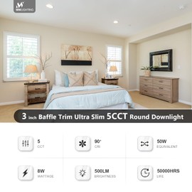 mw 3 Inch Ultra-Thin LED Recessed Light with Junction Box,Baffle Trim, 2700/3000/3500/4000/5000K, Dimmable, 650LM, Energy Star