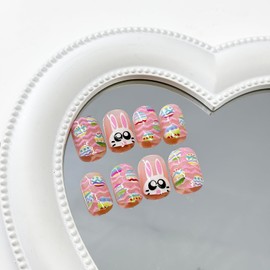 Easter Press on Nails Short Square Petite French Tip Fake Nails Pink Full Cover Easter Egg Bunny False Nails with Designs Glossy Glue on Nails Cute Acrylic Nails Artificial Nails for Girls Women 24Pcs