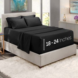 Hearth & Harbor Bed Sheets, Luxury Soft 6 Piece Bed Sheet Set Extra Deep Pocket Fitted Sheets Fits Mattress up to 21", Double Brushed Bedding Sheets & Pillowcases, Queen Size, Black
