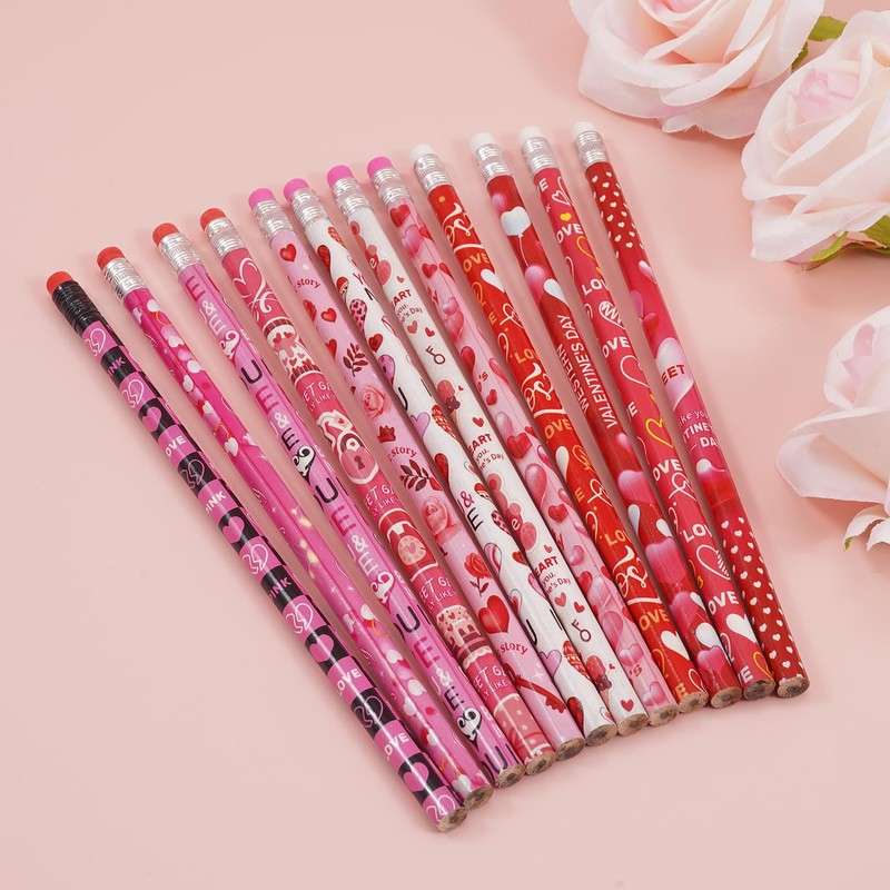 SETRUE 48 PCS Valentines Wood Pencils with Eraser, Bulk for