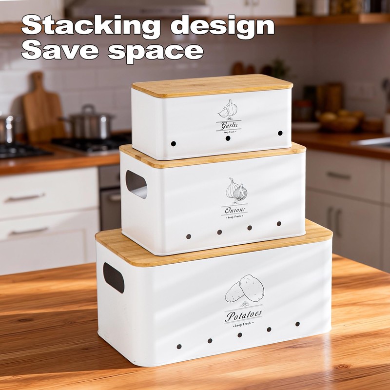 Tenforie Metal Potato Onion and Garlic Storage Tin Set of