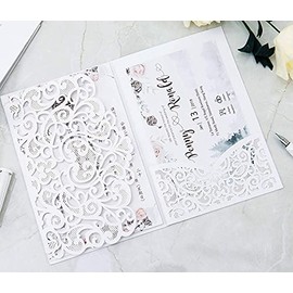 NC Cylallen 50 Sets Tri fold Love Hollow Laser cut Pocket Wedding Invite Invitation Card Jacket for Party Birthday Quinceañera Invite 4.92 by 7.28 inches (White, Only Invitation cover)