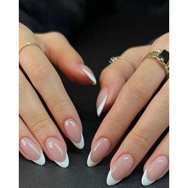 24-Piece Long Almond French Press-On Nails Kit, White Tips, Full Coverage Artificial Nails with File