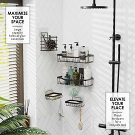 Clara Clark Shower Organizer - Adhesive Shower Shelf Caddy, Rustproof Stainless Steel Rack for Bathroom Storage & Home Decor, Black