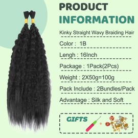 XIIMENALU Kinky Straight Wavy Braiding Hair for Boho Braids, Wet and Wavy Bulk Hair for Braiding, No Weft, Yaki Straight Bulk Hair for Micro Braiding Rebundle Braids (1B#, 16 Inch (1 Pack (2 Pieces)