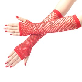 Dzrige Fingerless Fishnet Gloves Fishing Net Stretch Long Gloves Triangle Net Fingerless Gloves Women's Fingerless Mesh Gloves Fancy Dress Party Costume Accessories Supplies (Red)