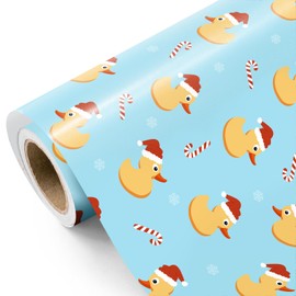 WRAPAHOLIC Duck Christmas Wrapping Paper - Mini Roll - 17 Inch x 16.5 Feet - Santa Hat Duck and Candy Cane Wrapping Paper for Christmas, Holiday, Party Celebration