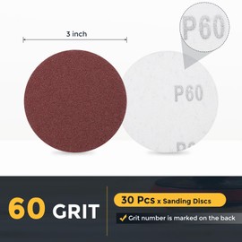 HARFINGTON 30 Pcs 3 Inch Sanding Disc 60 Grit Hook and Loop Sandpaper Random Orbital Sander Pads for Woodworking Automotive Metal Polishing