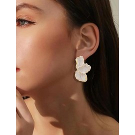 Gold Flower Earrings for Women Large Flower Stud Earrings Geometric Statement Earrings Chunky Floral Earrings Birthday Party Jewelry Gift for Women Girls (White)
