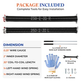 POWLAB Pair of 2" Garage Door Torsion Springs (0.250 X 2'' X 30'') with Non-Slip Winding Bars & Gloves, Heavy-Duty Replacement, 18,000 Cycles, High Precision Electrophoresis Black Coated