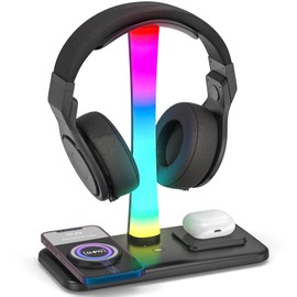 Jubor 3 in 1 RGB Gaming Headphone Stand, Headset Holder with 15 W Wireless Charger, Gaming Headphone Holder with 9 Light Modes, Memory Function for All Headphones
