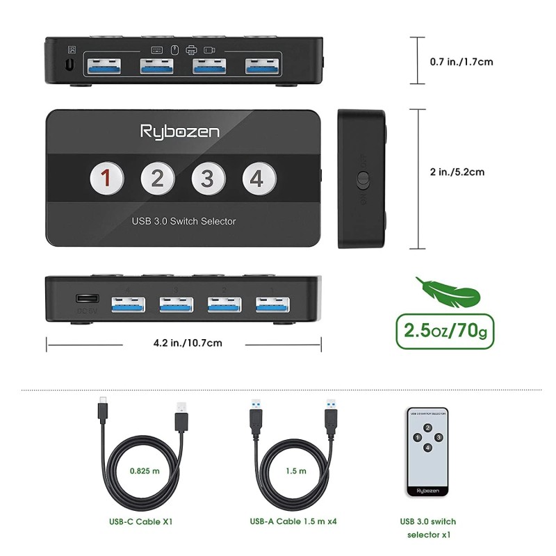 Rybozen USB 3.0 Switch Selector, 4 Port KVM Switches USB