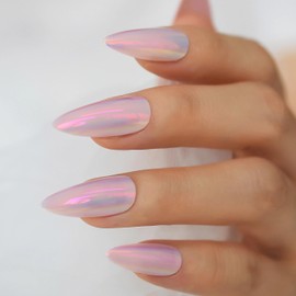 Qsnidy Pastel Pink Chrome Press on Nails Almond, Medium Length Glazed Unicorn Nails Acrylic Fake Nails Glue on, Iridescent Chrome Stiletto False Nails for Women Girls Daily Party Wear, 24Pcs Nails Kit