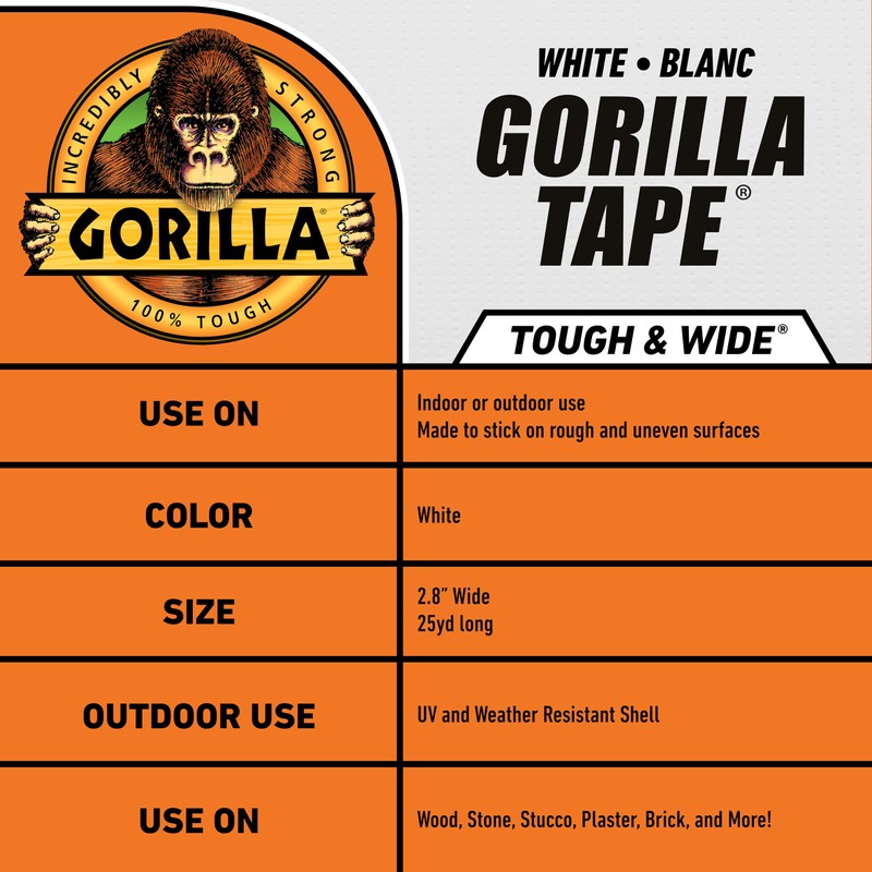 Gorilla Tape Tough & Wide, White Tape, 2.88" x 25