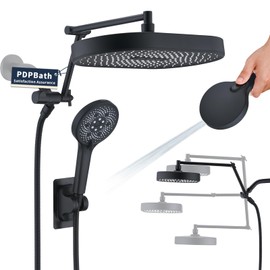 PDPBath 14 Inch Rain Shower Head with 5+1 Settings Handheld Spray Combo, High Pressure Rainfall Shower Head with 16'' Upgrade Adjustable Extension Arm, 79" Extra Long Hose, 3-Way Diverter, Matte Black
