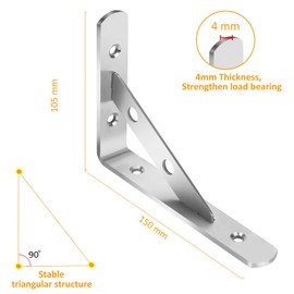 Heavy Duty 2 Pcs 90 Degree L Shaped Floating Wall Brackets - Stainless Steel Metal Support Angle Brackets White (105x150mm)