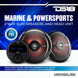 DS18 MRX16SL/BK Powersports & Marine Multimedia Radio & 2 Way 6.5” Slim Speaker Package – RGB Lights, Bluetooth, Waterproof