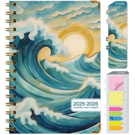 HARDCOVER Academic Year 2025-2026 Planner: (June 2025 Through July 2026) 5.5"x8" Daily Weekly Monthly Planner Yearly Agenda. Bookmark, Pocket Folder and Sticky Note Set (Ocean Waves)