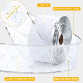 Christmas Tree Ribbon, Christmas Ribbon Glittery Snowflake Organza 2.5 Inch X 11 Yard with Spool, Wired Ribbon for Christmas Decor Gift Packaging Crafts Party Decoration (Silver Ribbon)