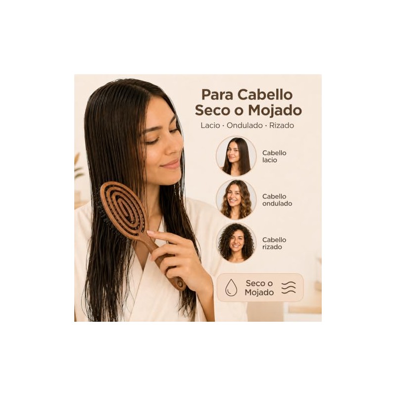 Cepillo para Cabello Desenredante de Madera con Cerdas de Jabalí