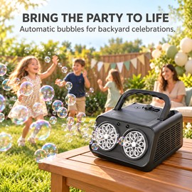 Bubble Machine for Outdoor Parties, Dual-Fan Automatic Bubble Blower with 2 Modes, LED Lights, USB or Battery Power
