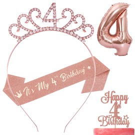 4th Birthday Sash and Tiara Rhinestone Crown for 4th Birthday Decorations Gift ( Rose Gold )
