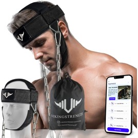 VIKINGSTRENGTH Neck Harness Padded Strength Trainer- Premium Quality for Neck Curls and Training. Head Exerciser for Sports and Fitness, D Ring + V-Strength Workout App