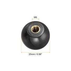 sourcing map Set of 6 Rotary Knobs with Thread M6 Female Thread Heat Hardening Ball Knobs 0.98 Inch Black Round Ball Handles with Copper Insert for Machines Handle Device Replacement