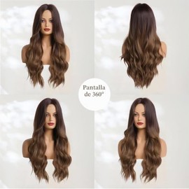 Largo Ombre Marrón Ondulado Peluca Para Mujer 26 Pulgadas Parte Media Rizado Encantadora Peluca Sintética Con Natural Ondulado Marrón Cabello Resisten