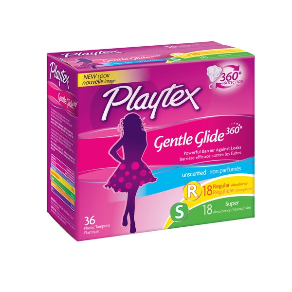 Playtex Gentle Glide Tampons, Plastic, Multi-Pack, Unscented, 18 regular/18 super 36 ct.