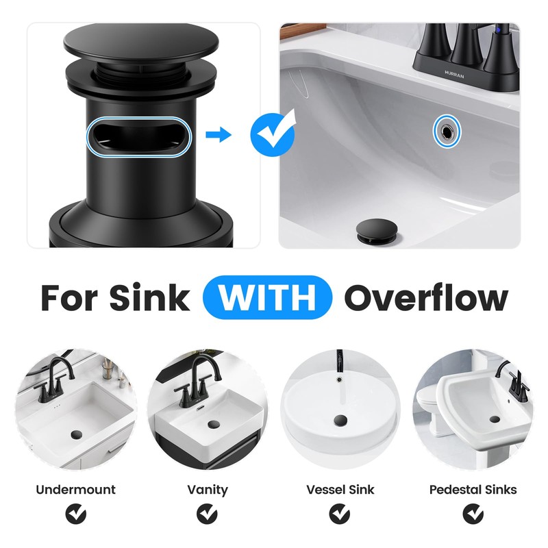 Bathroom Sink Drain with Overflow, Hurran Matte Black Bathroom Sink