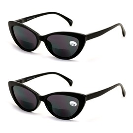 2 Pairs BIFOCAL Women Cateye Black Tortoise Reading Sunglasses - Outdoor Cat Eye Readers (2 Black, 2.00)