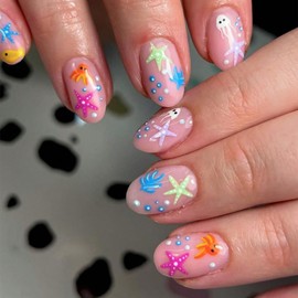 GlamRays Cute Ocean Series Octopus Starfish Press-on Nails Oval False Nails Full Set Gloss Gel Nails Women False Nails 24 Pieces