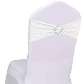 Fbewom White Chair Sashes 60 Pack Spandex White Sashes for Chairs Stretch Chair Sashes Bands with Heart Buckle Slider for Wedding Banquet Party Decorations