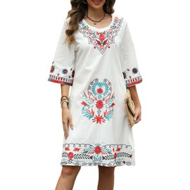 AK Traditional Mexican Dress for Women Floral Embroidered 3/4 Sleeve Boho Dress, Summer Fiesta Peasant Dresses, 60's Vintage Clothing
