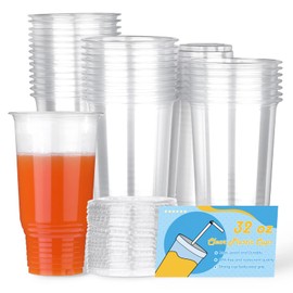 BALDCC 32 oz Crystal Clear Plastic Cups,50 Pack Oversized Disposable Clear Cups,flat Cover Pluggable Straw for Smoothie, Iced Coffee,Milkshake& Any Cold Drink