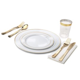 " OCCASIONS" 320 pcs/40 Guest-Full Set - Wedding Disposable Plastic Plates Silverware, Gold Rimmed Tumblers and White Napkins (Combo B, White & Gold Rim)