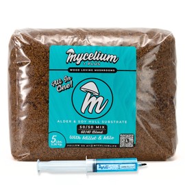 Mycelium's White Oyster Gourmet Mushroom Kit | 5LBS Alder & Soy Hull Blend with Mycelium Plus Grains Combo | Sterile & Nutrient-Rich for Home Growers | Includes 20ML Liquid Culture Syringe